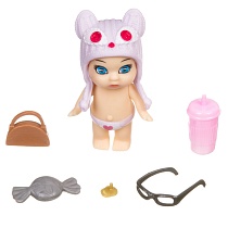 картинка Набор игровой Bondibon куколка OLY в шапочке-ушанке с животным и аксессуарами в банане, ВОХ 15х6,6х17 см, девочка-A, размер 8см, арт.3370-B. от магазина